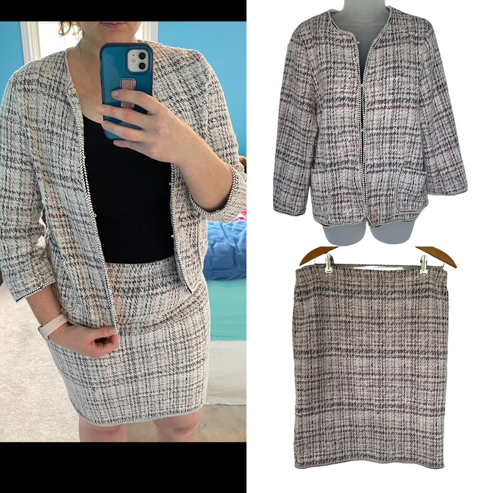 Max Studio Blazer Suit Skirt Set Plaid Career Office Business Professional Tweed